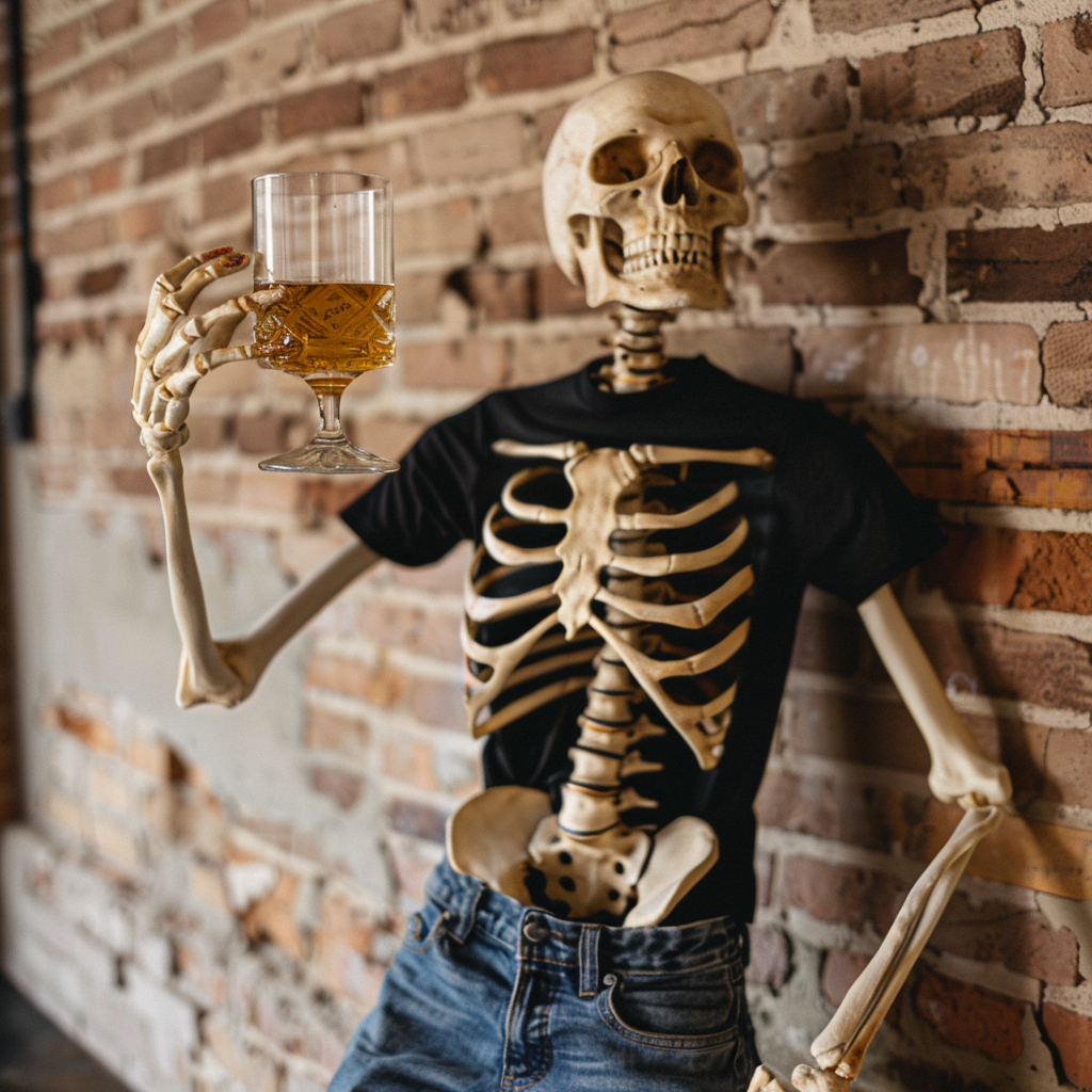 Skeleton in cool attire holding bourbon