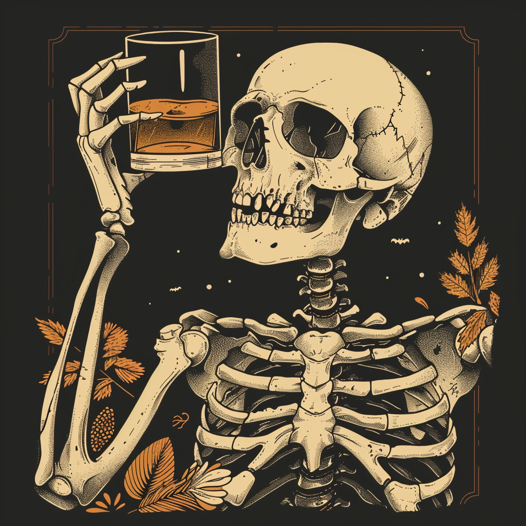 Skeleton wearing t-shirt holding bourbon