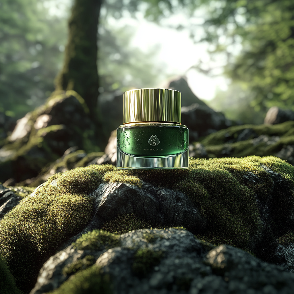 Skincare product in mossy forest