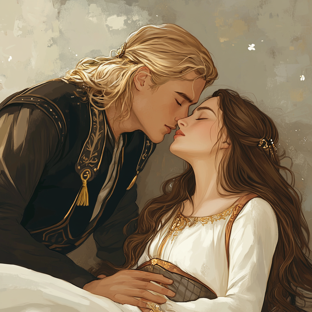 Woman kissing sleeping prince illustration