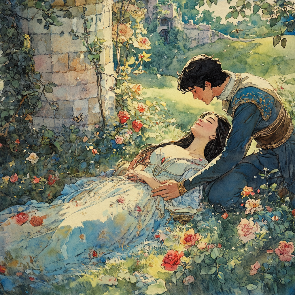 Watercolor Sleeping Beauty and Prince Illustration