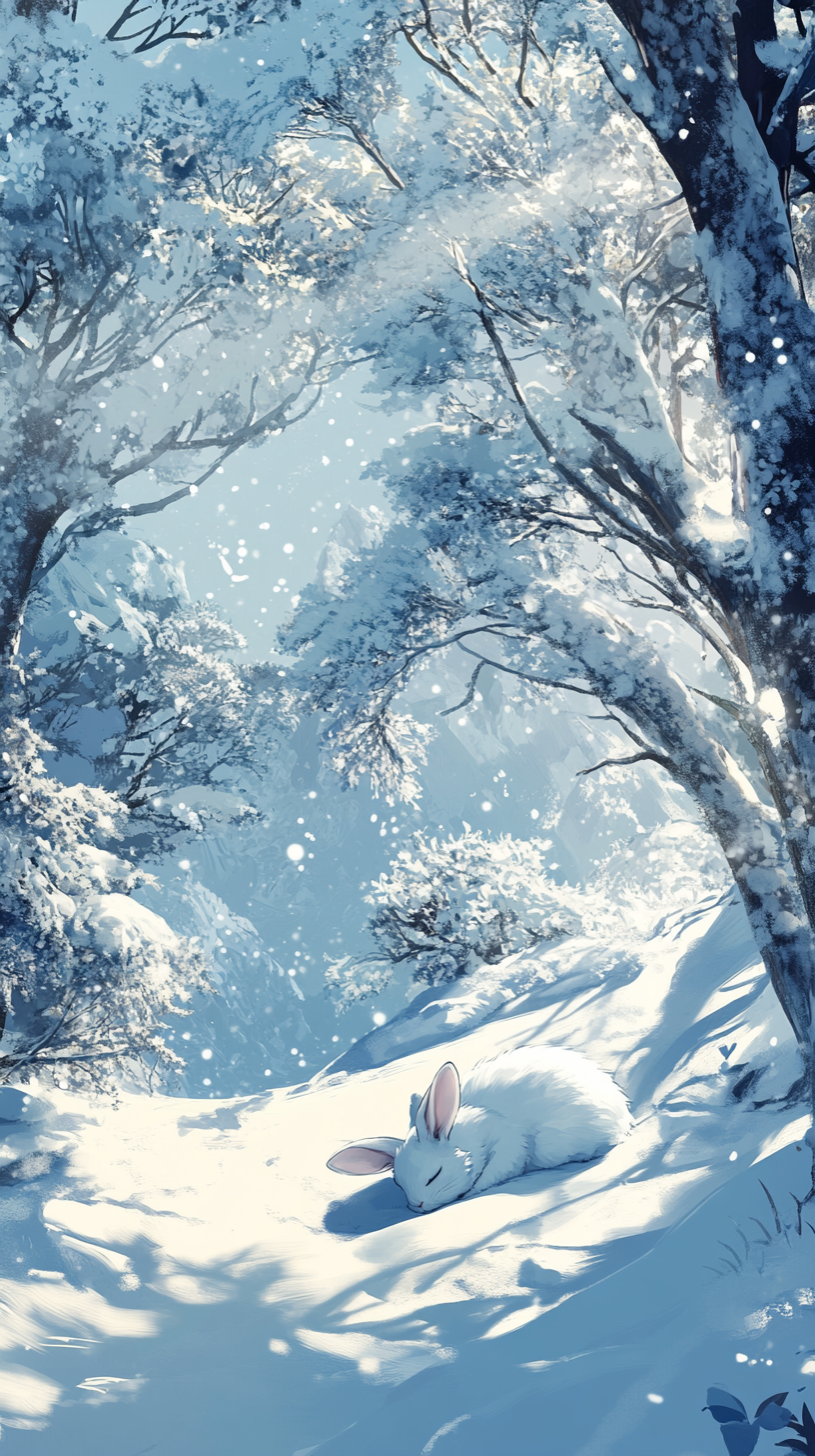 White rabbit sleeping in snow