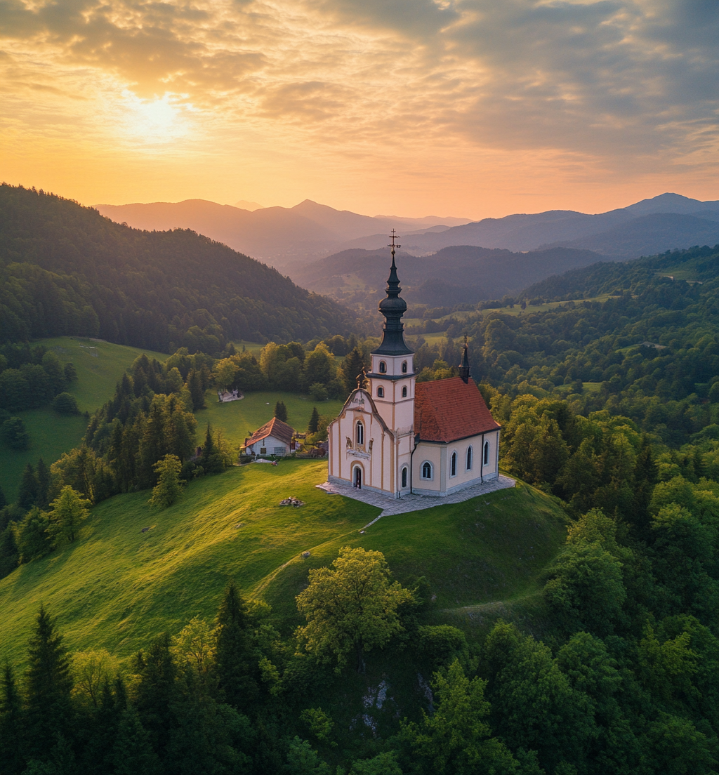 Sunset Spired Church Skofja Loka