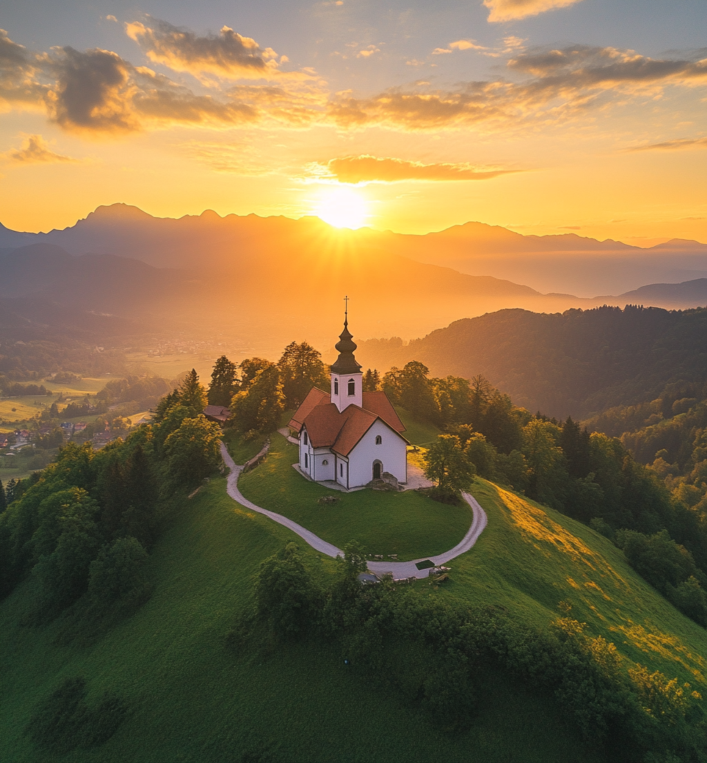 Spired Church in Slovenia Sunset