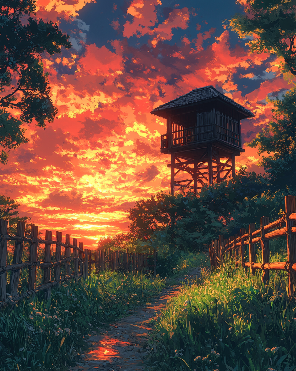 Small watchtower in sunset field