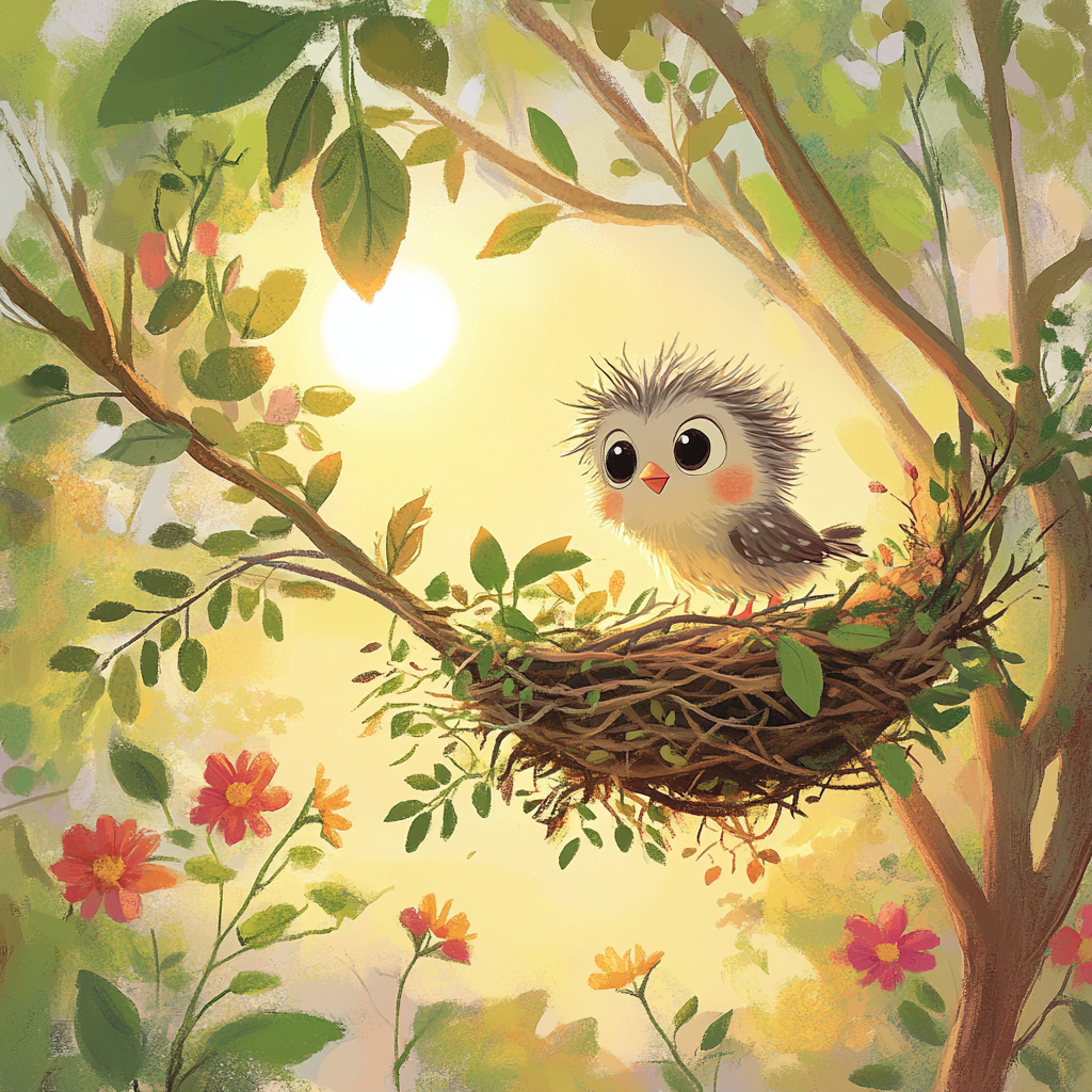 Fluffy bird in cozy nest