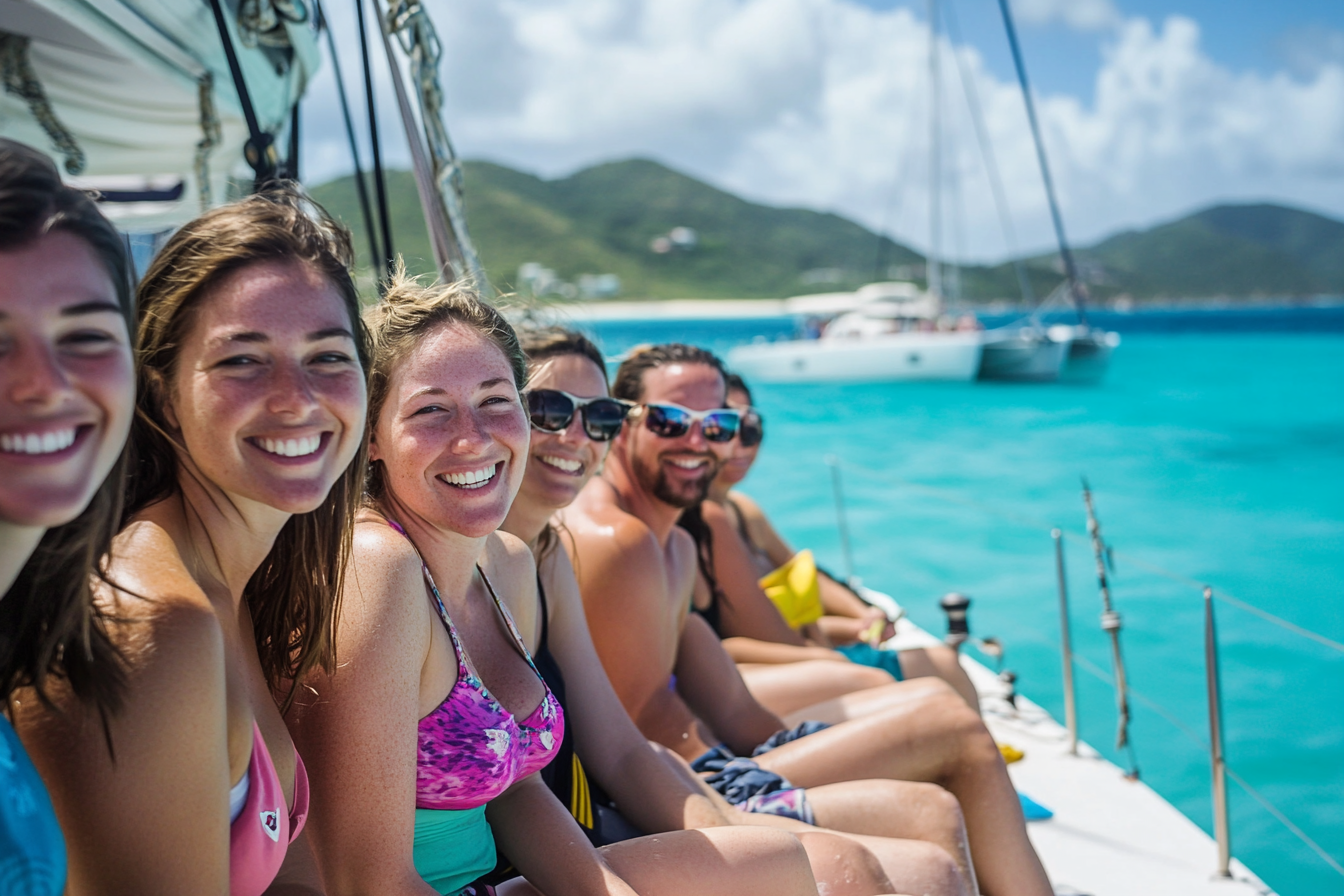 Smiling Group People Catamaran Deck