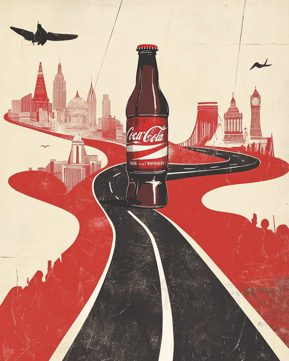 Soda bottle traveling through iconic eras