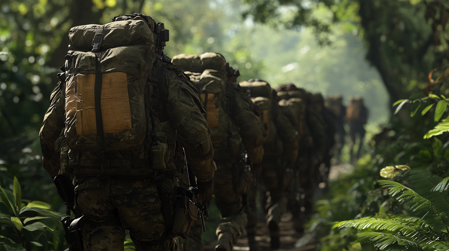 Soldiers in Jungle with Backpacks