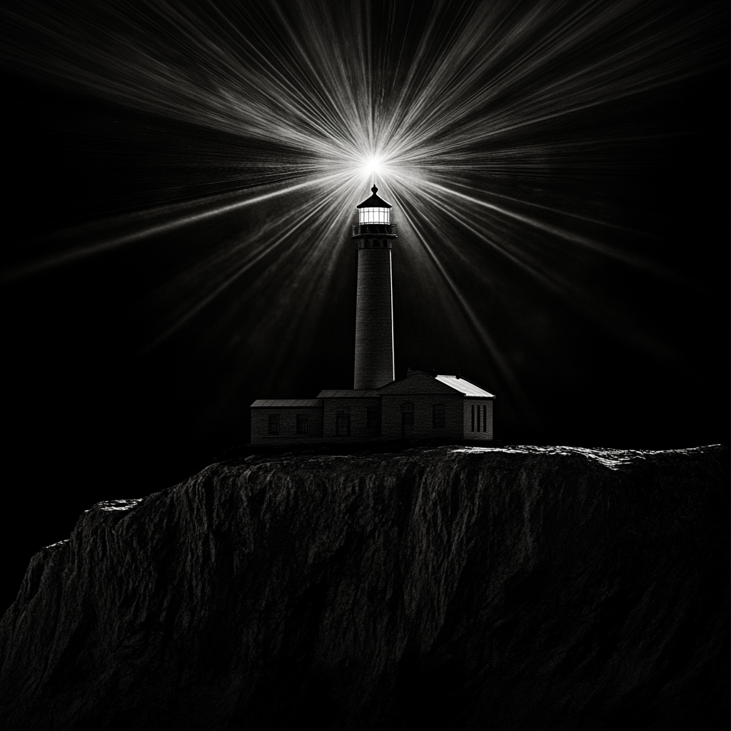 Lighthouse on island at night