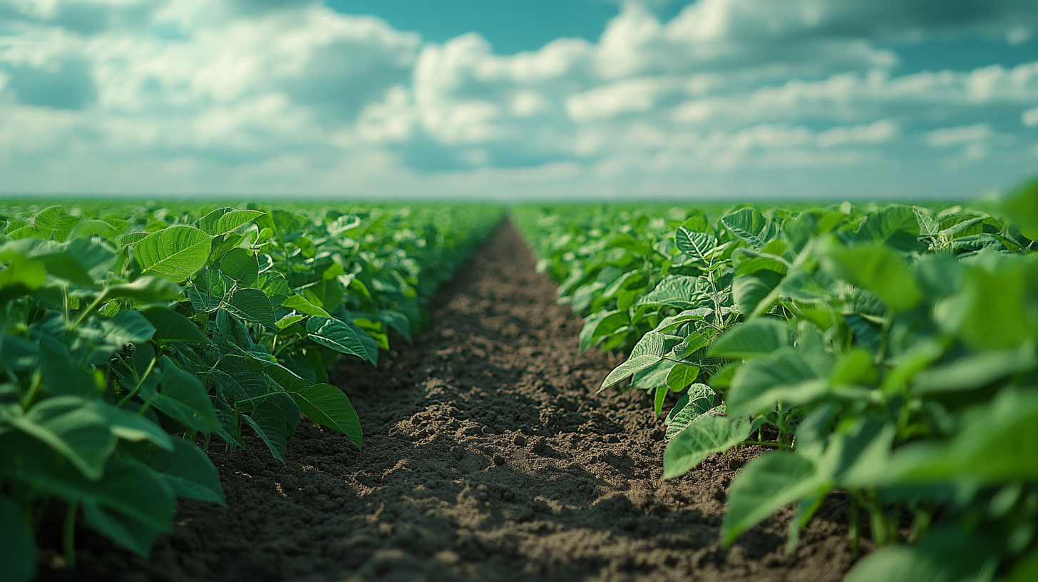 soybean plants in perfect rows reaching to the sky