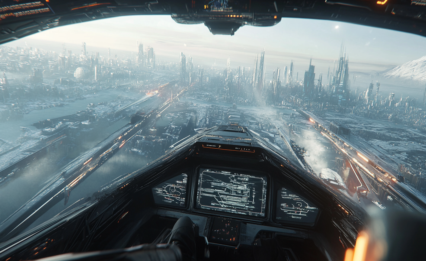 Spaceship cockpit in futuristic city