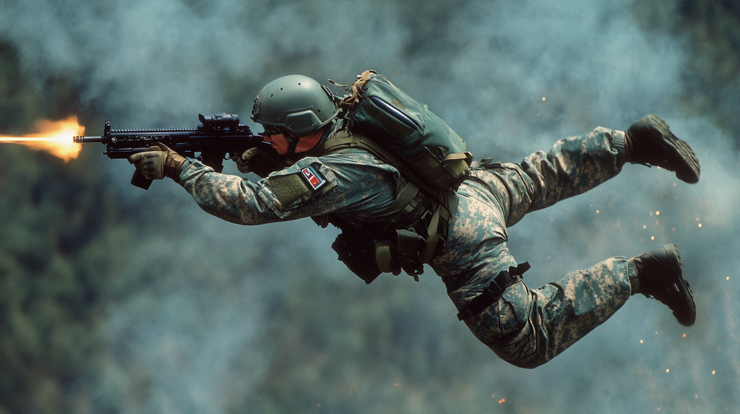 Soldier in action firing gun