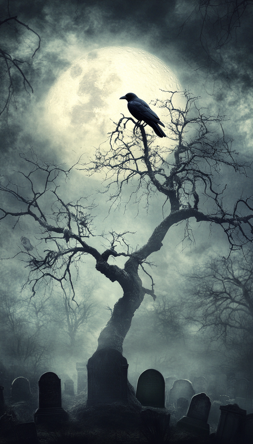 eerie moon tree graveyard raven