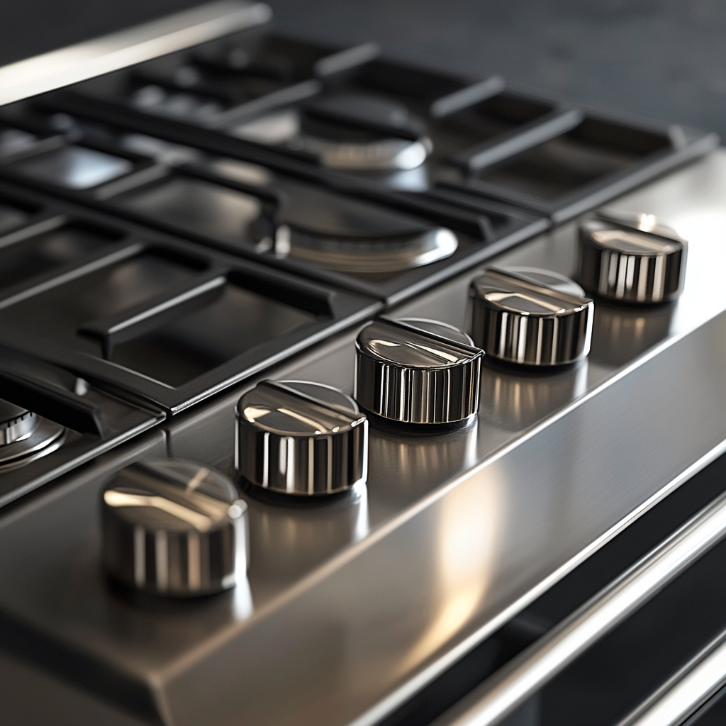 detailed stainless steel rangetop close-up