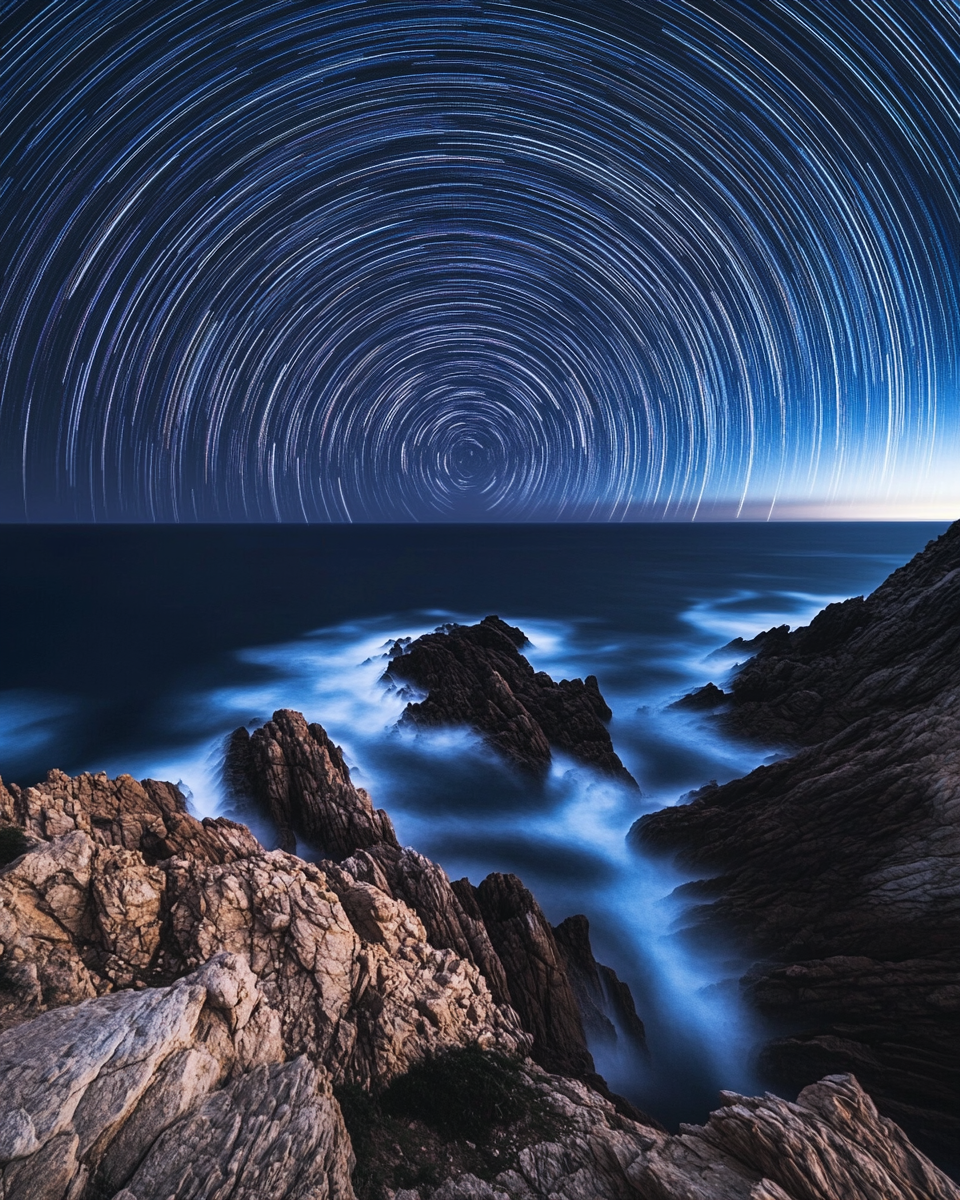 Star trails over sea rocks