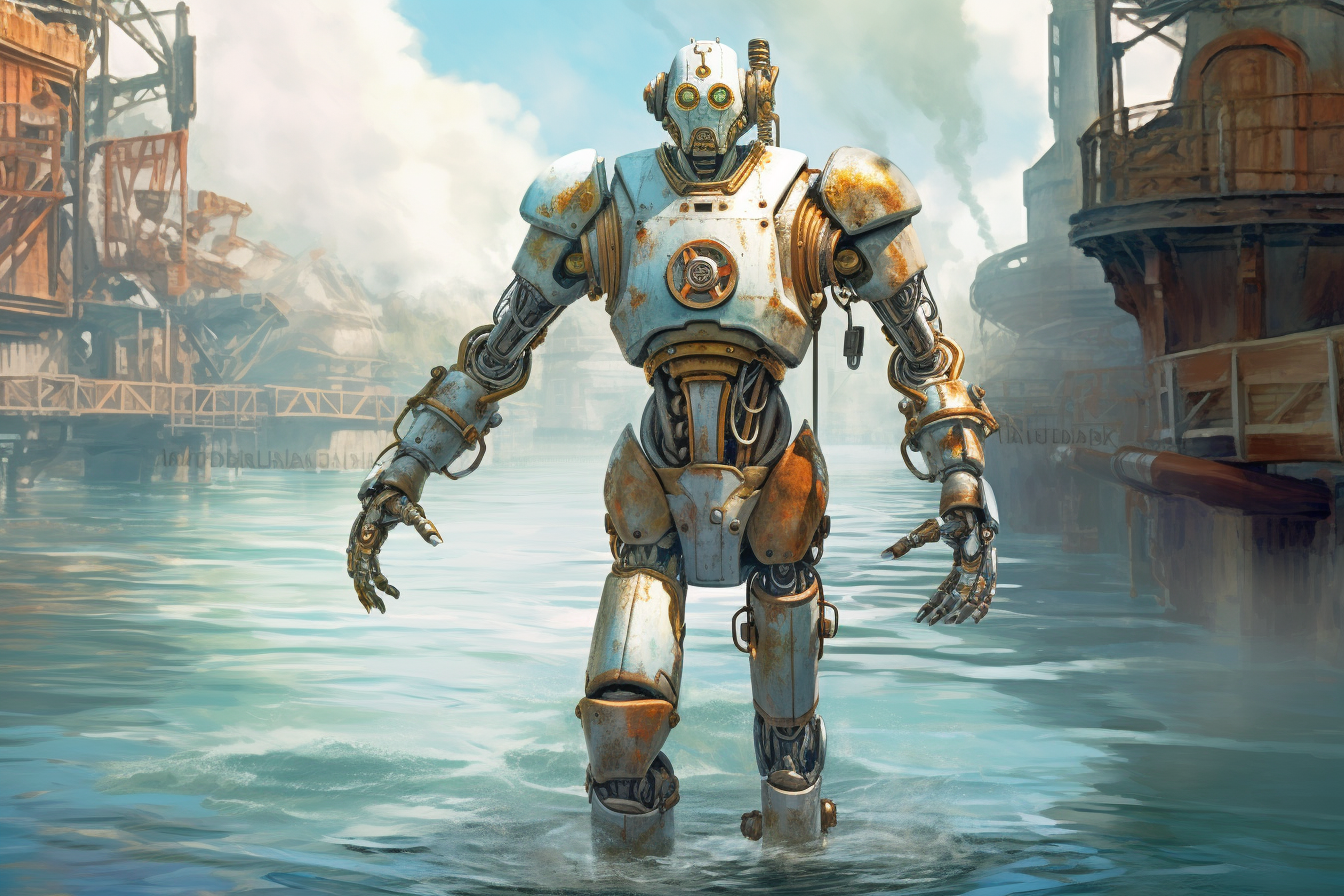 Steampunk android with watery magic hands