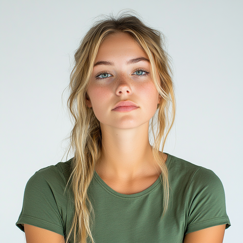 Overwhelmed woman in green shirt