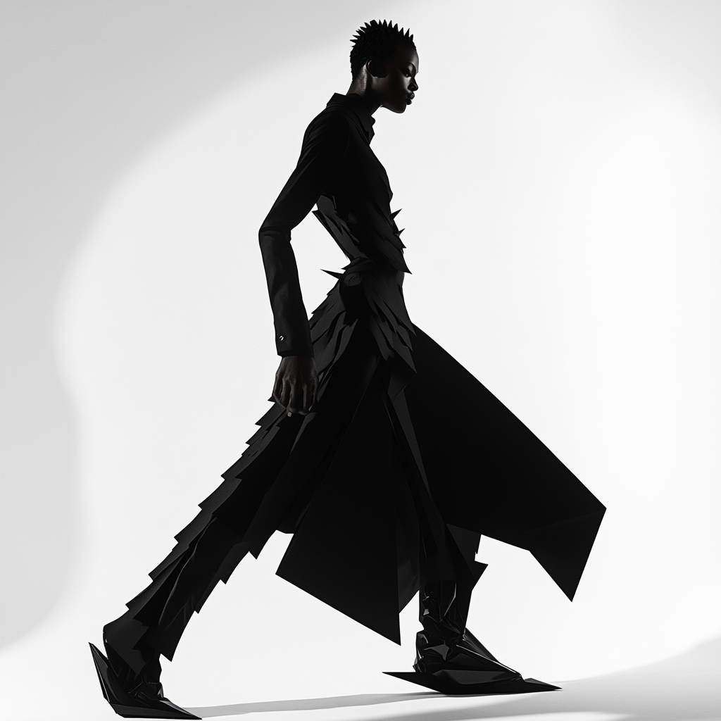 Dark-skinned model in avant-garde outfit