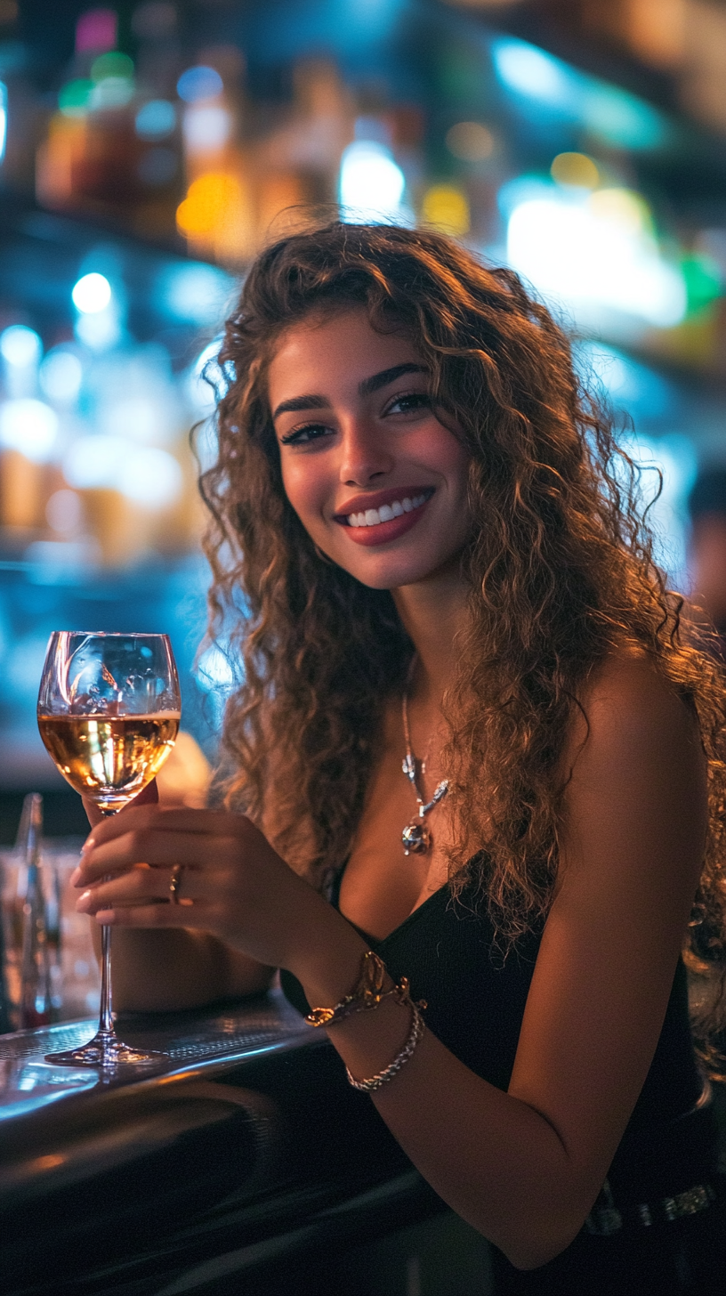 Woman holding wine glass bar