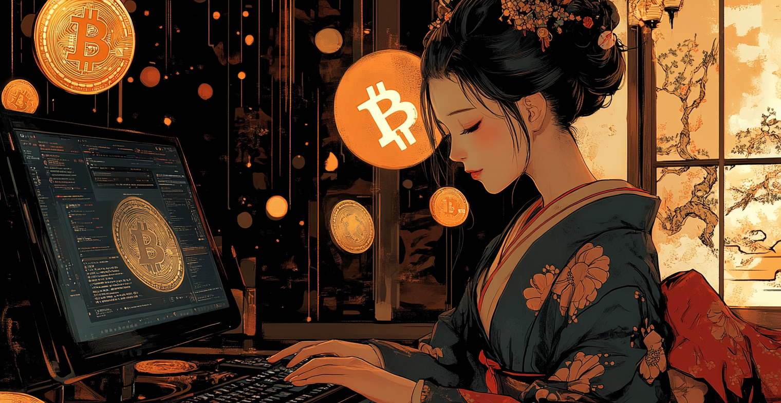 Geisha studying with Bitcoin and Ethereum