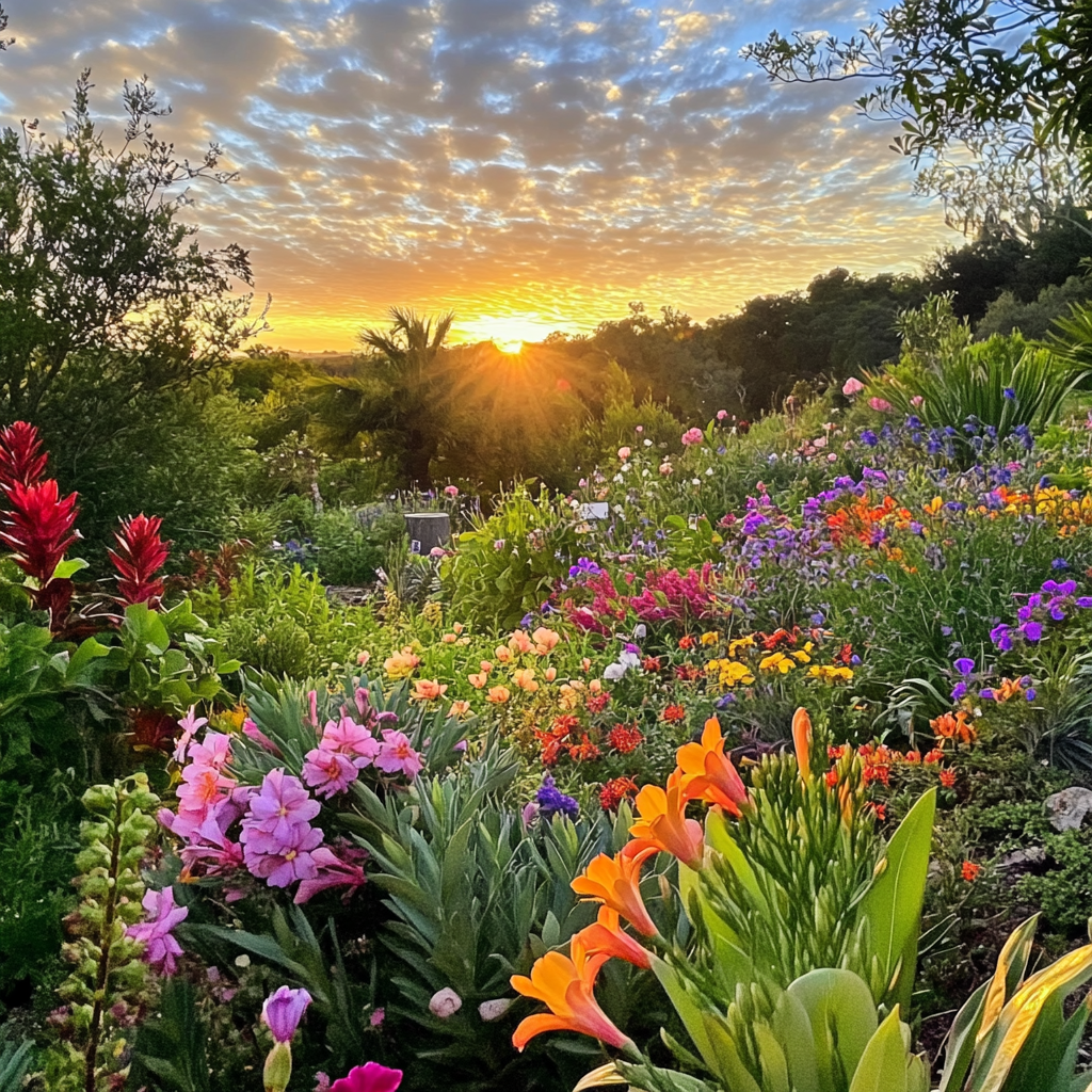 Beautiful Sunrise over Flower Garden