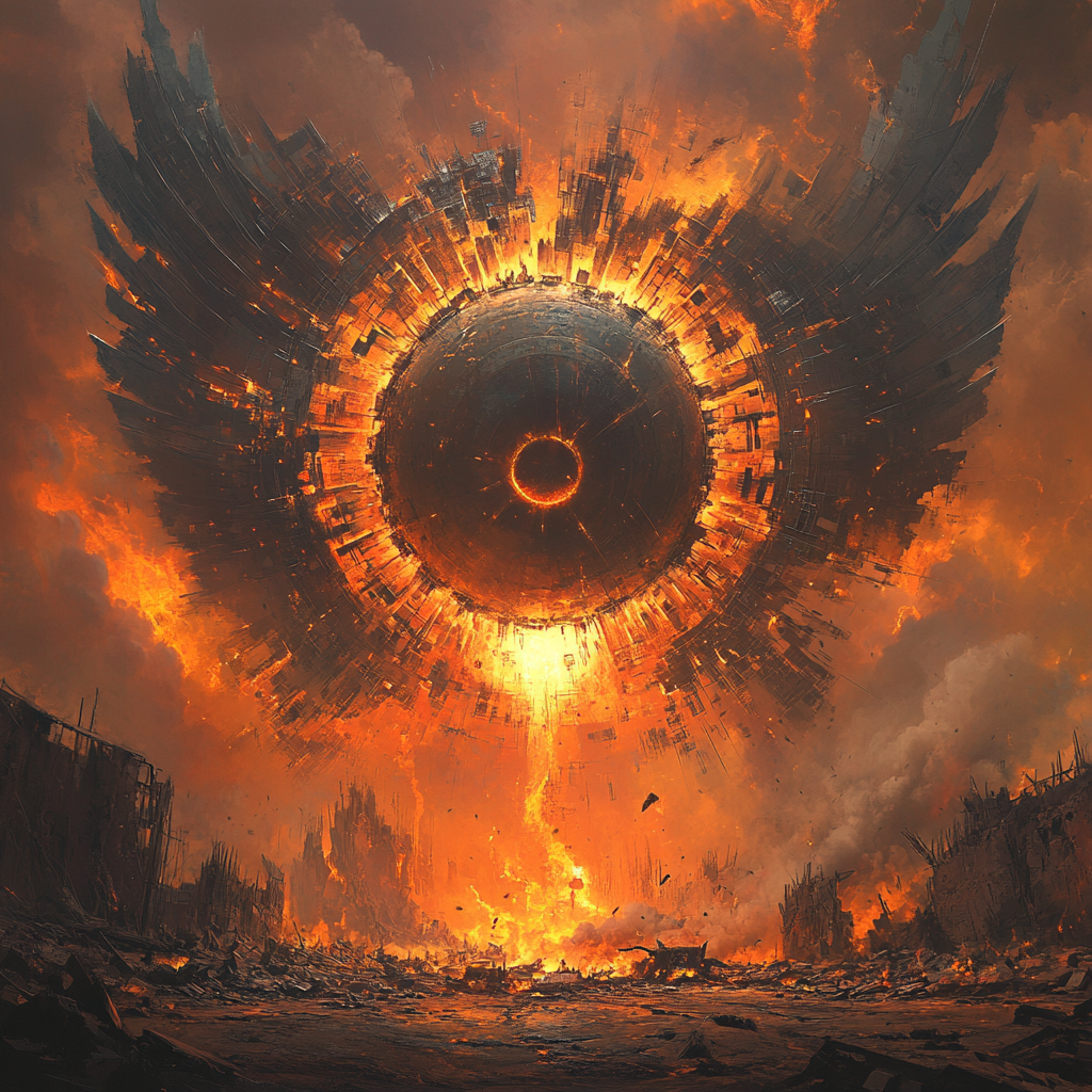 Portal above flaming battlefield eye