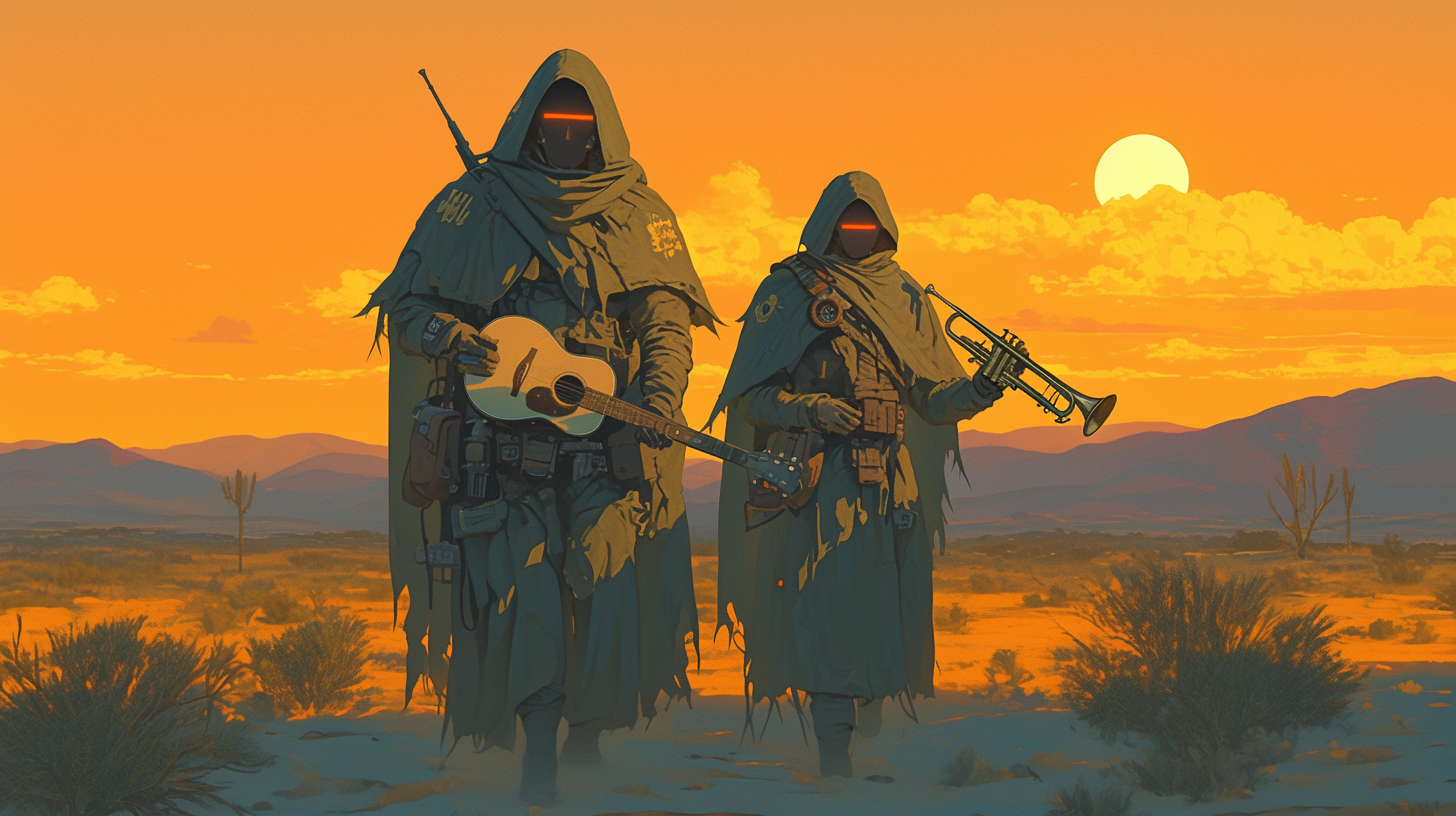 Musicians walking empty desert sunset