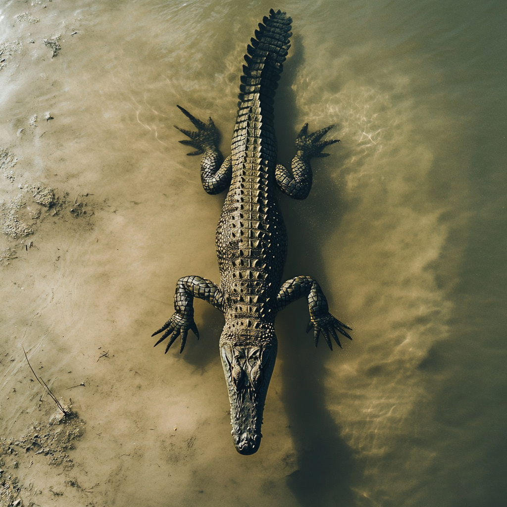 Crocodile swimming with shadow