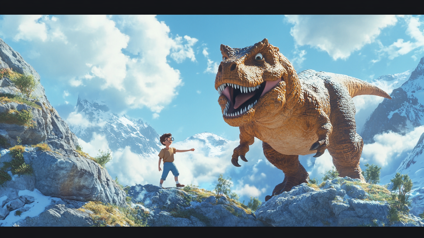 T Rex and Guy Walking Happily