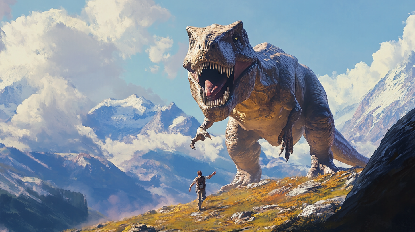 T Rex Guy Happy Mountain Walking