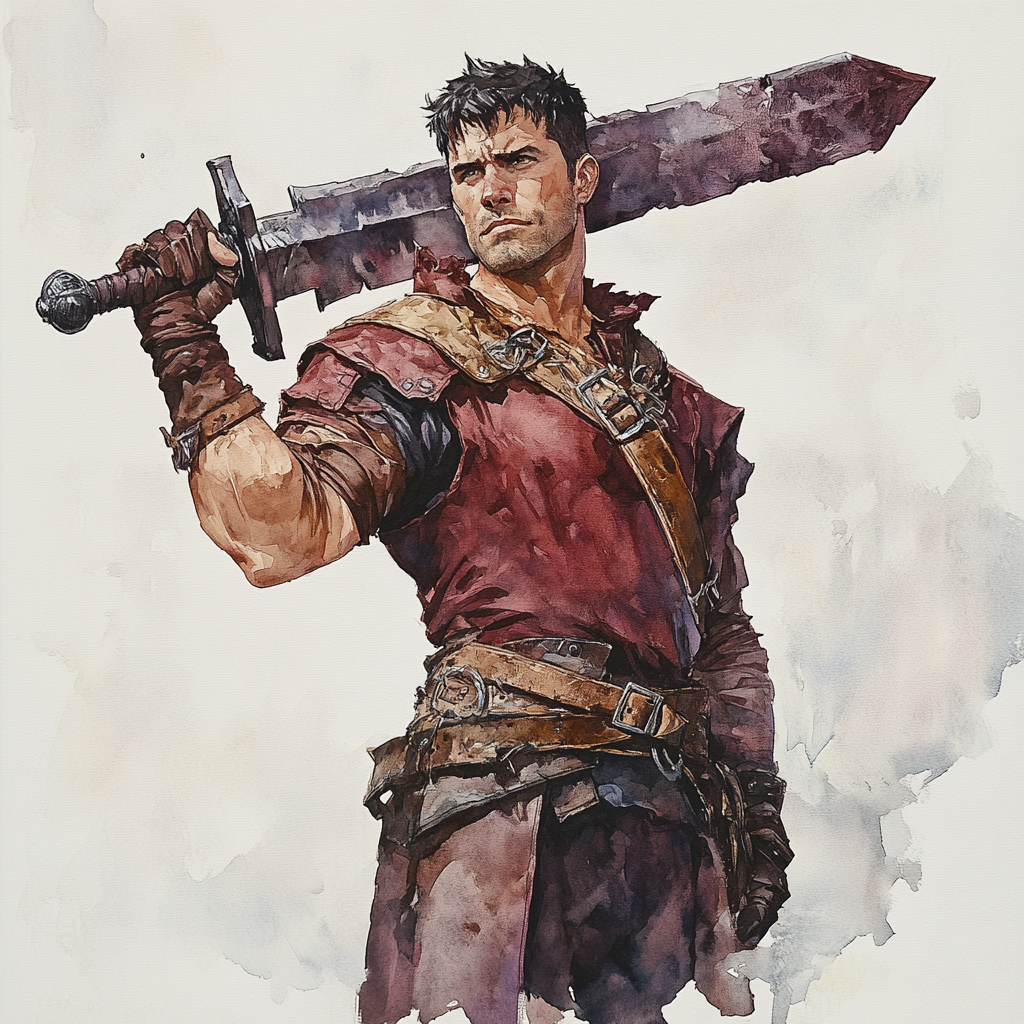 Muscular fighter with greatsword watercolor