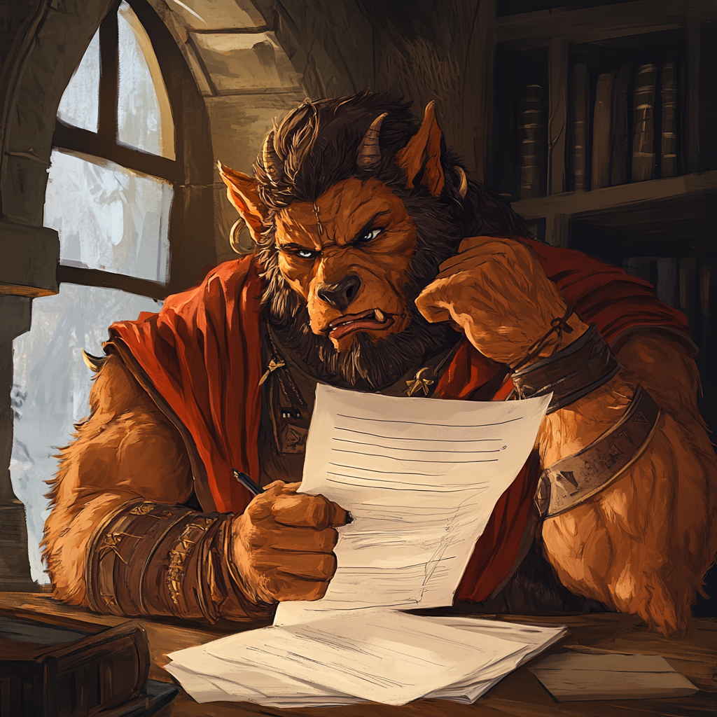 angry minotaur college paperwork cartoon