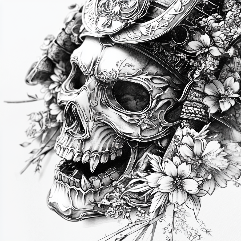 Detailed Samurai Mask Tattoo Design