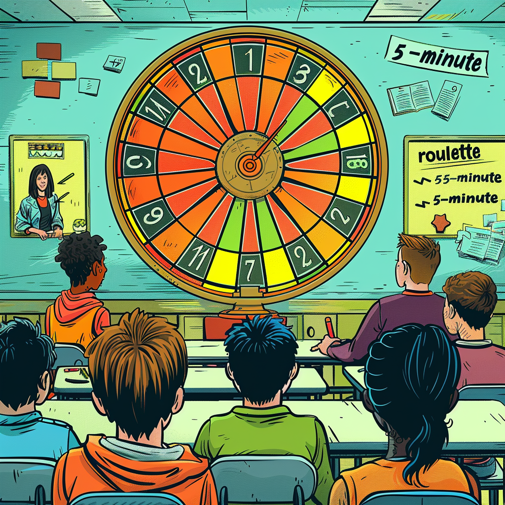 Teacher spinning colorful roulette in classroom