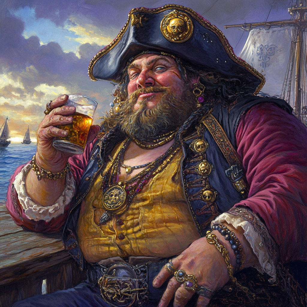 Portly Pirate Drinking on Dock