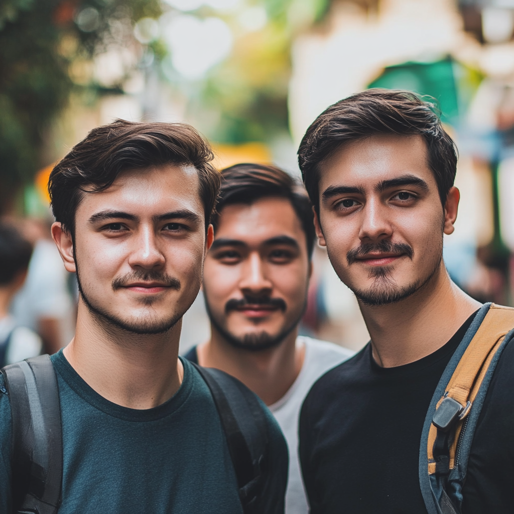 Shaved Tourist Friends Standing Together