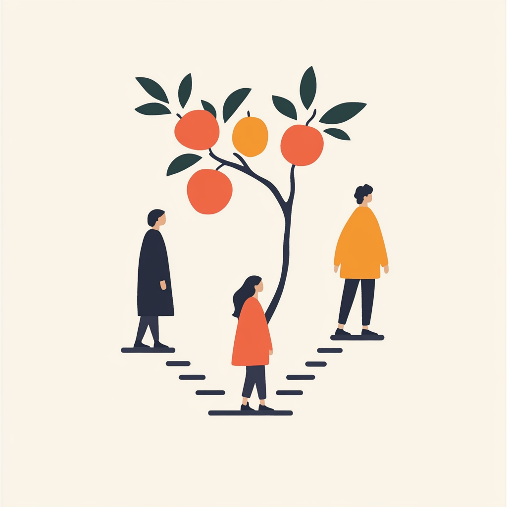 Three People Reaching Fruit Tree Cartoon