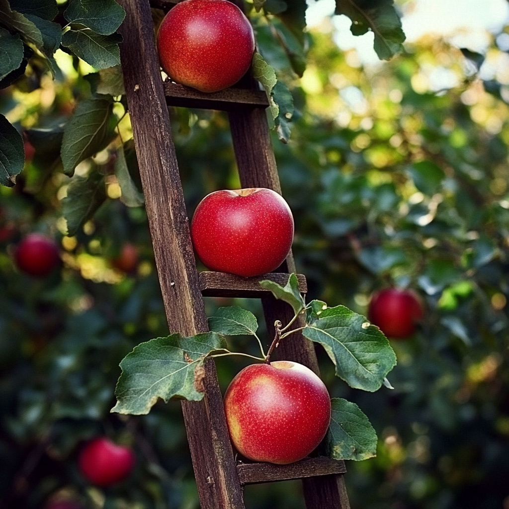 Three people reaching fruit tree