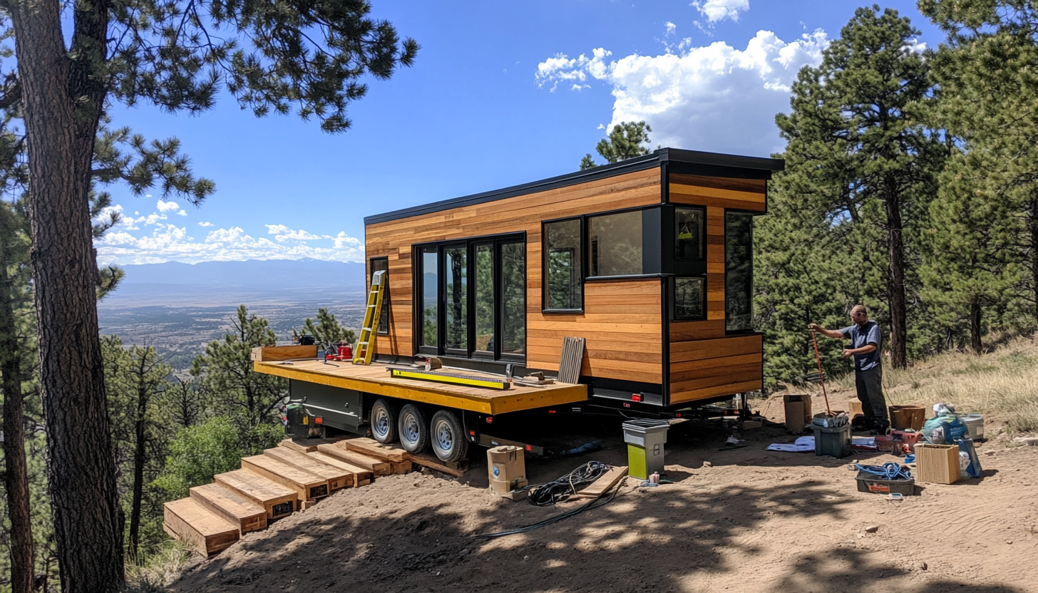 Person leveling tiny house blocks