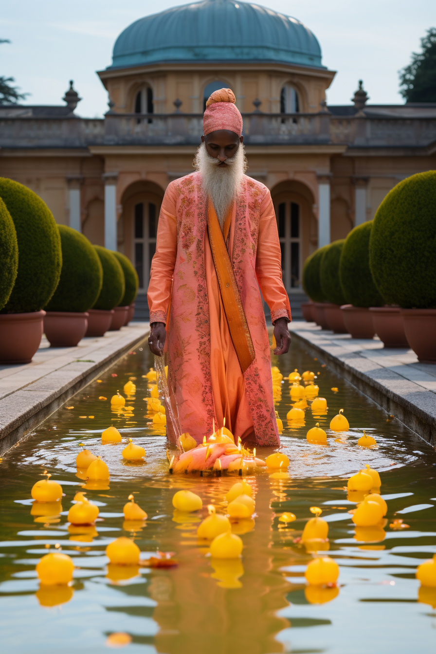 Indian saint placing fire bowl