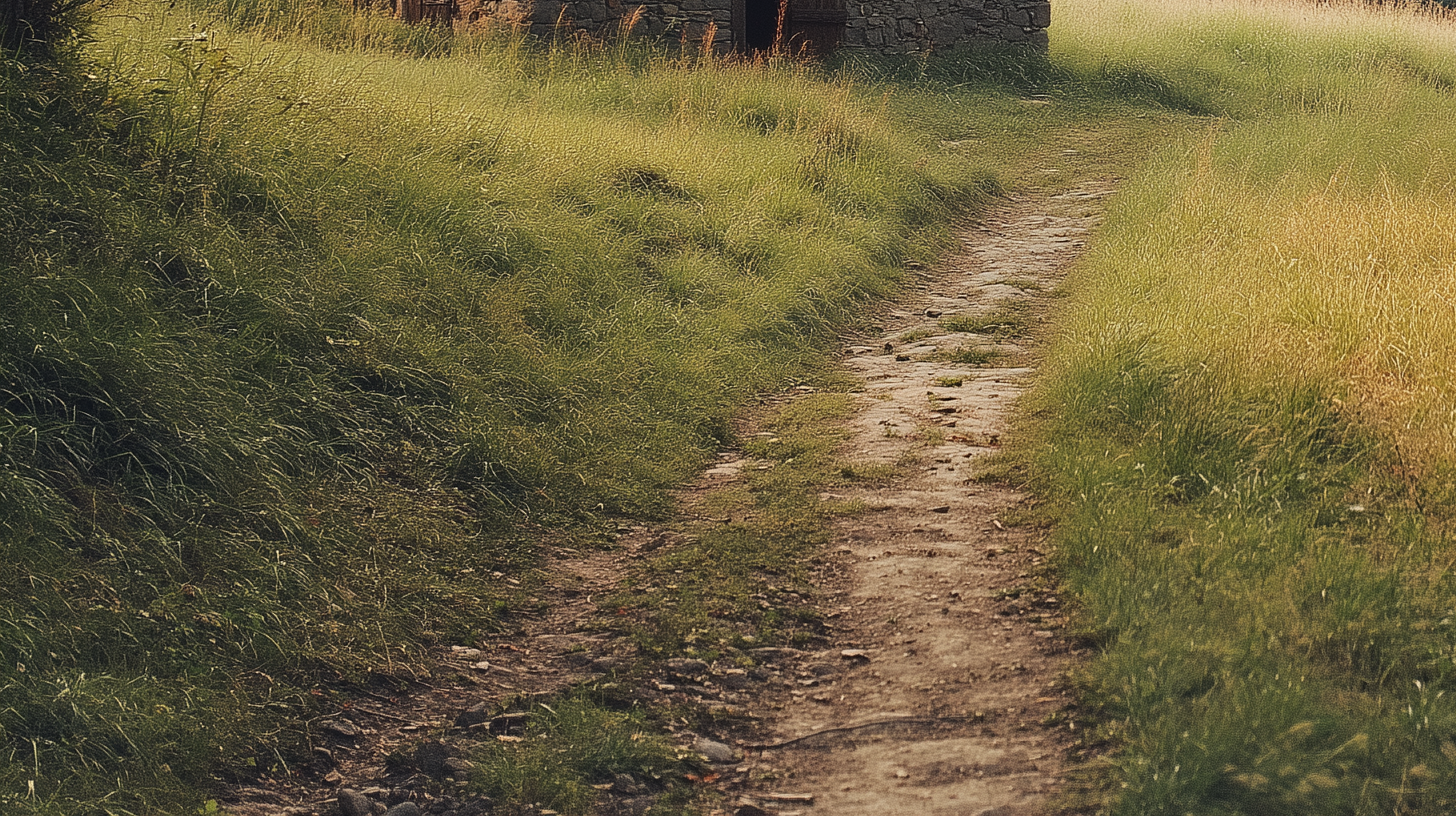 Lonely dirt path through hilly terrain