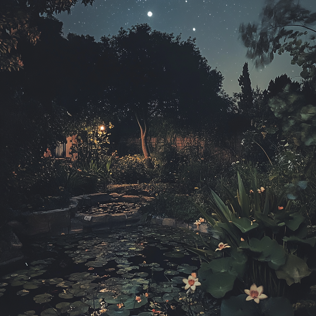 Tranquil garden under moonlight stars