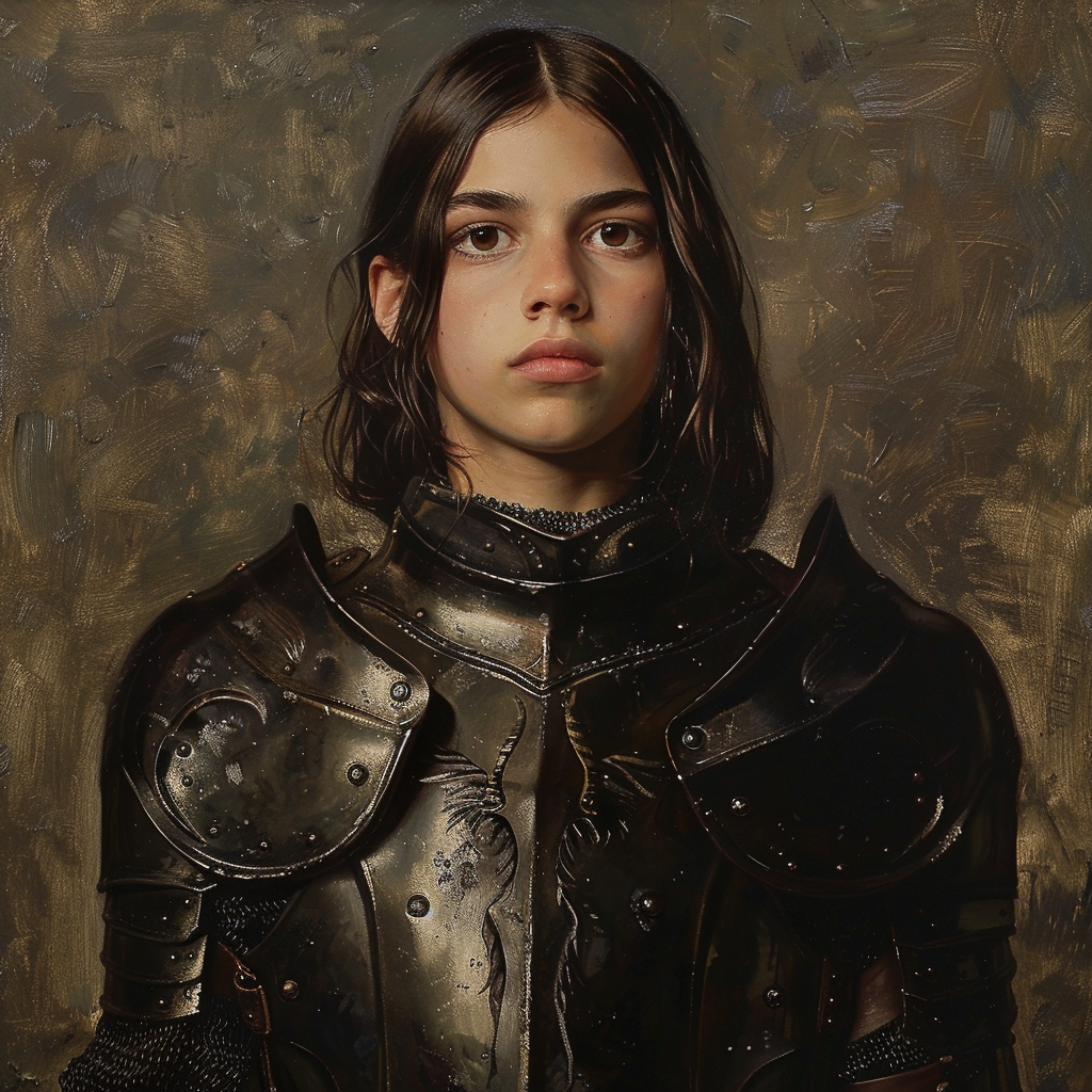 transgender girl in full plate mail armor portrait