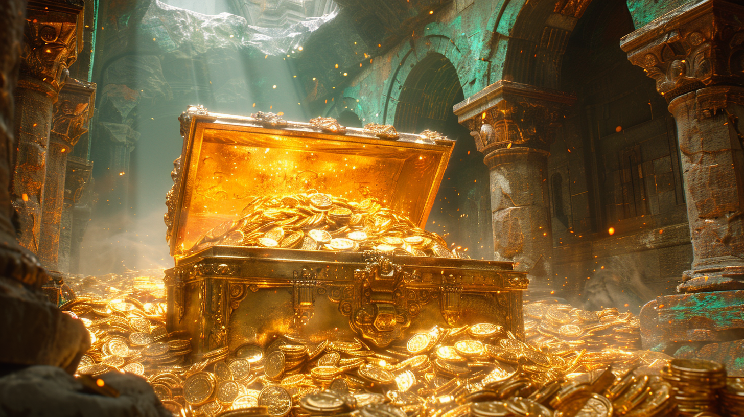 Gold coins and jewels treasure chest