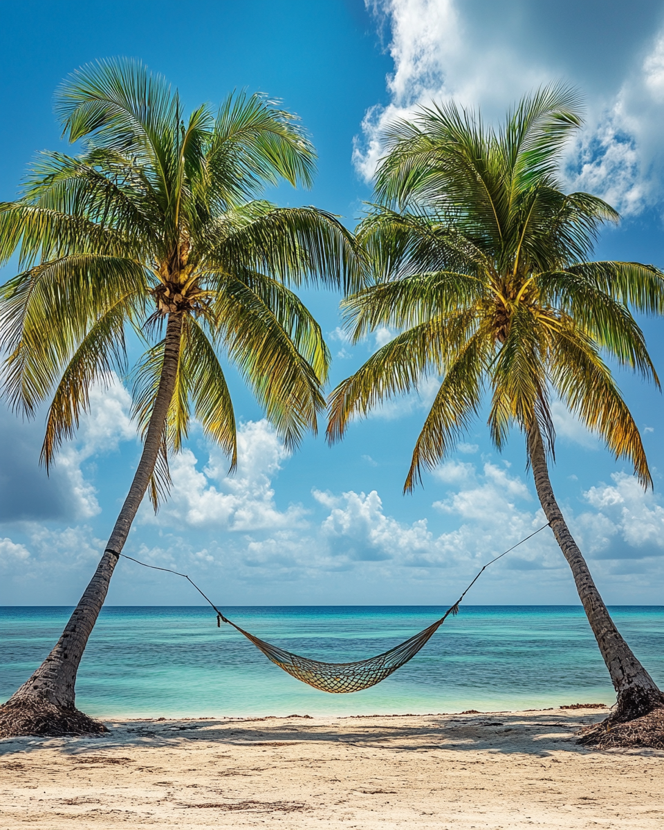 Hammock between palm trees on beach