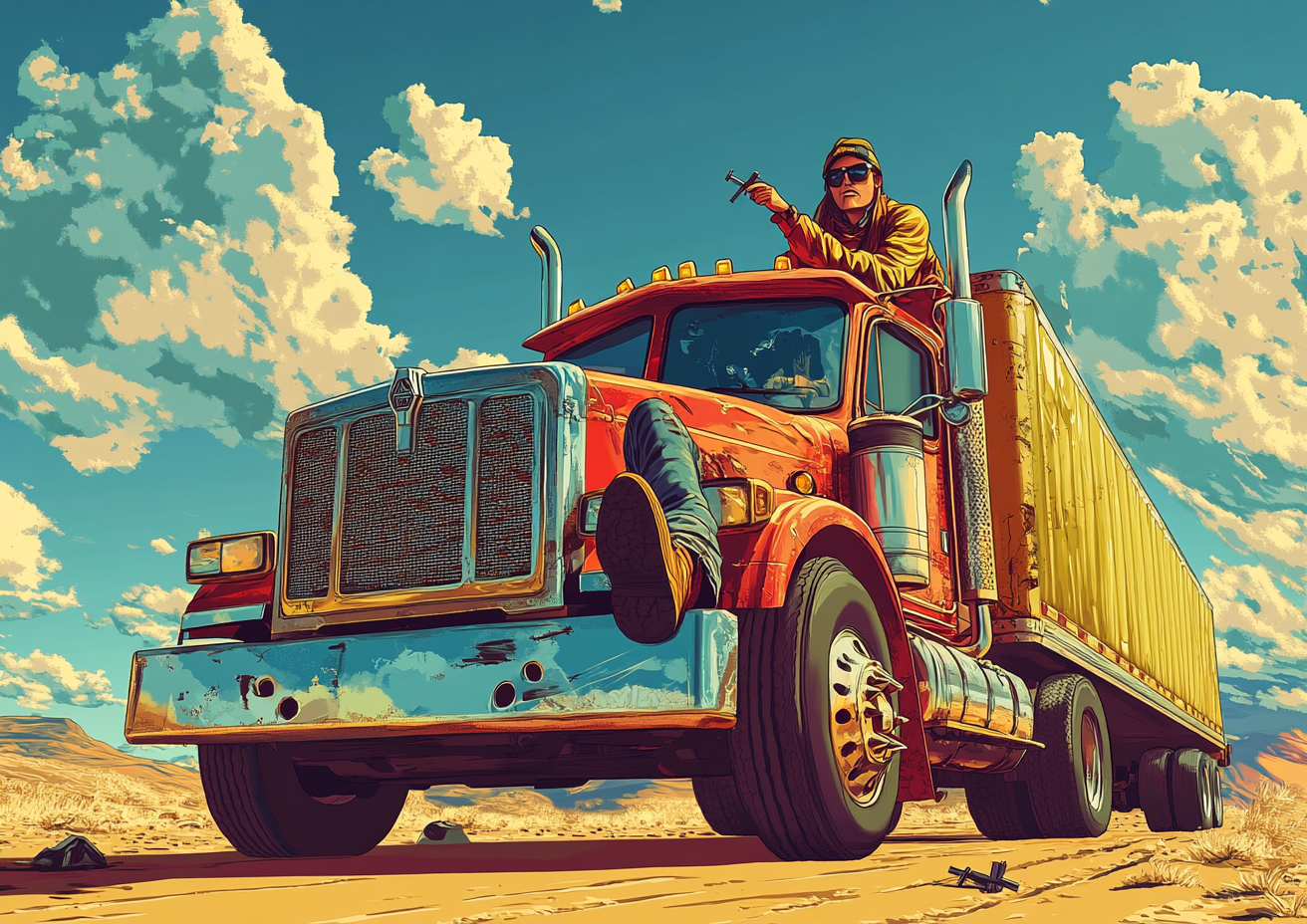 Stylized truck driver and woman caricature