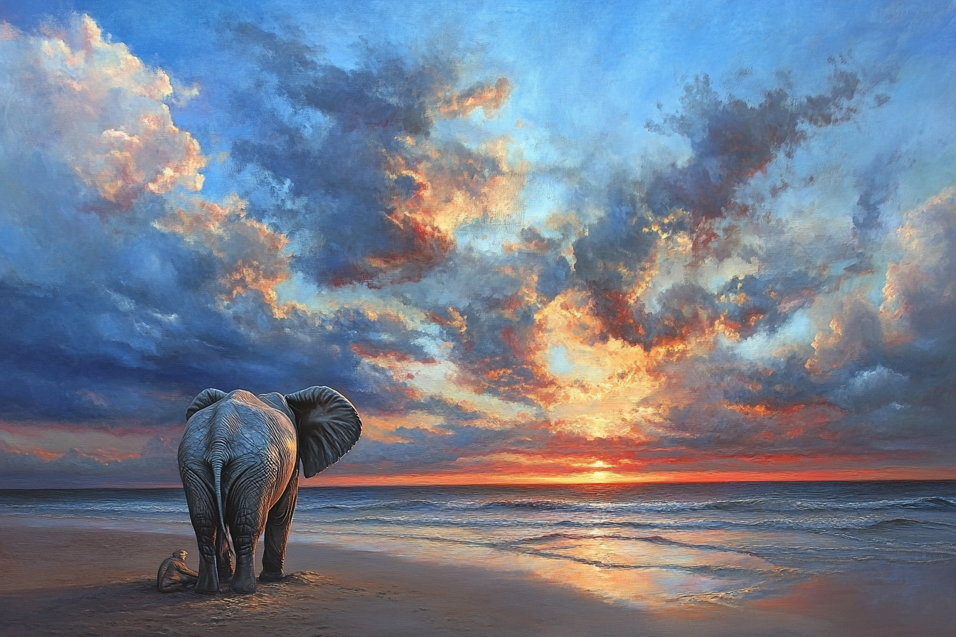 Elephant on Seaside at Sunrise