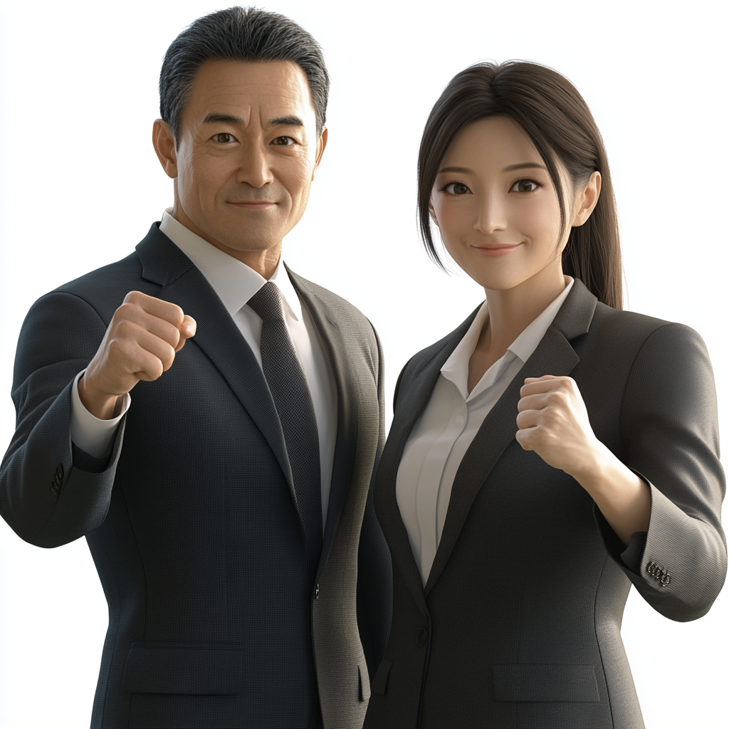 two Japanese businesspeople celebrating success with fist pumps