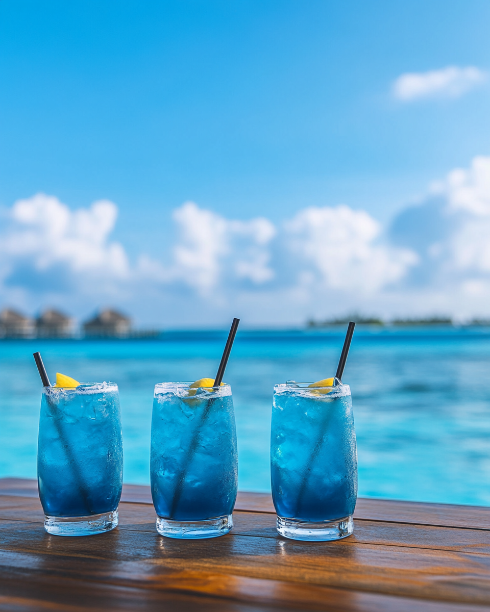 Blue Lagoon Cocktails Wooden Table Maldives